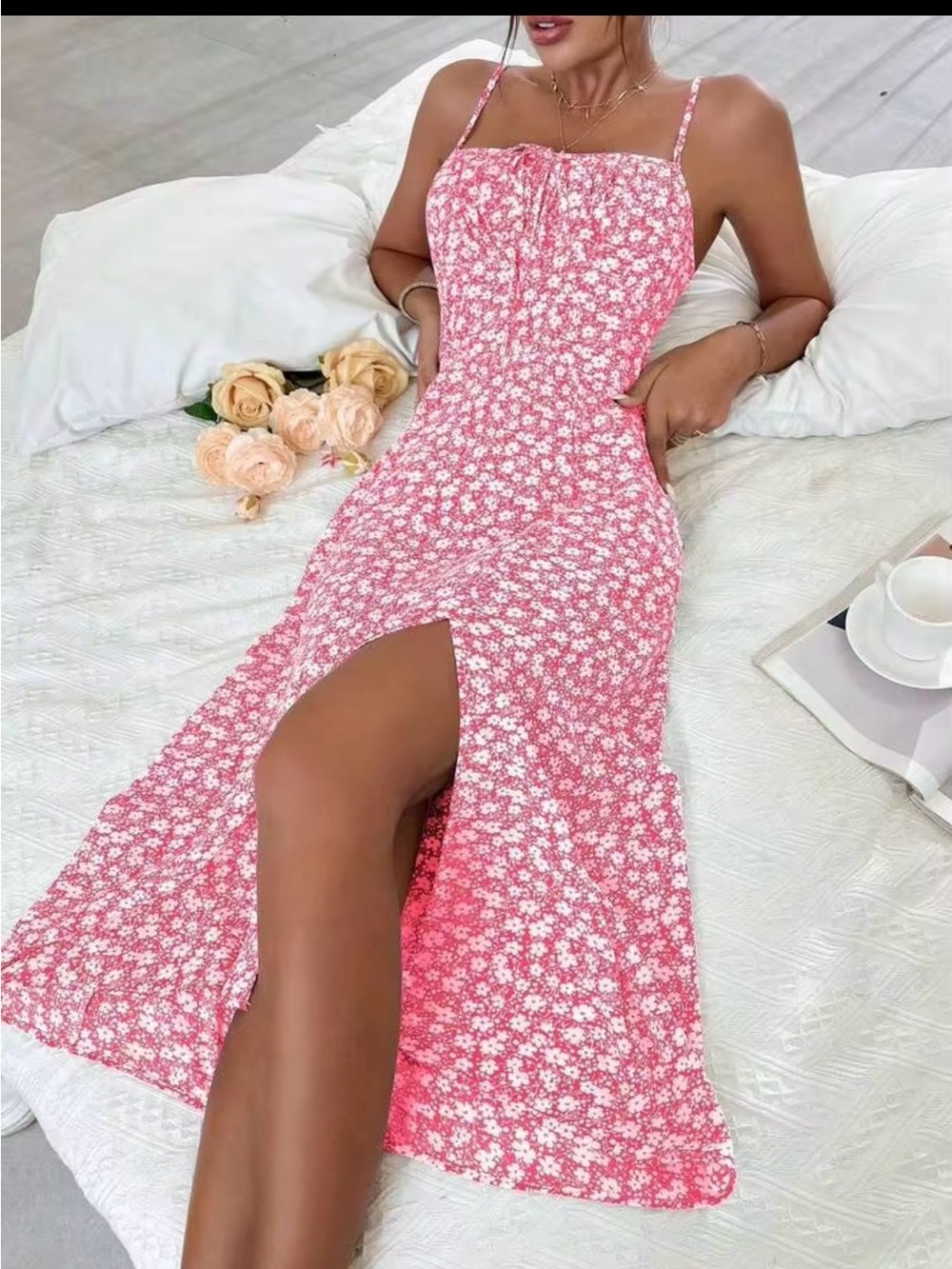 SHEIN Pink Floral Spaghetti-Strap Maxi Dress with Side Slit - Picture 3 of 8